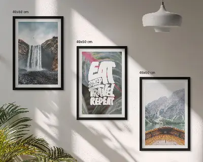 Lot de 3 tableaux pour salon représentant une cascade en montagne avec un bateau dans la nature