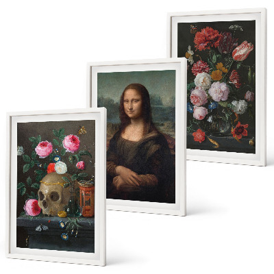 Lot de 3 tableaux pour salon Portrait de crâne fleuri Mona Lisa