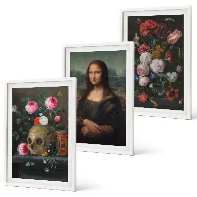 Lot de 3 tableaux pour salon représentant un portrait de Mona Lisa avec un crâne fleuri