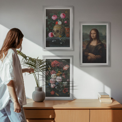 Lot de 3 tableaux pour salon Portrait de crâne fleuri Mona Lisa