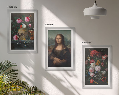 Lot de 3 tableaux pour salon Portrait de crâne fleuri Mona Lisa