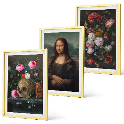 Lot de 3 tableaux pour salon Portrait de crâne fleuri Mona Lisa