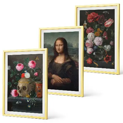 Lot de 3 tableaux pour salon représentant un portrait de Mona Lisa avec un crâne fleuri