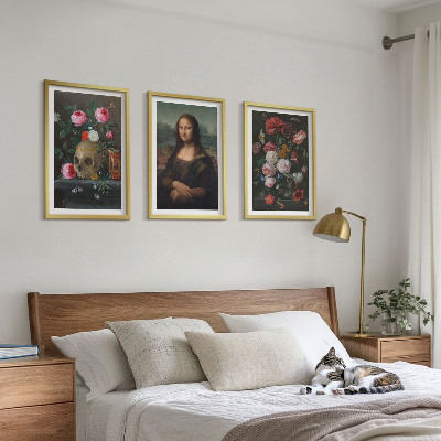 Lot de 3 tableaux pour salon Portrait de crâne fleuri Mona Lisa
