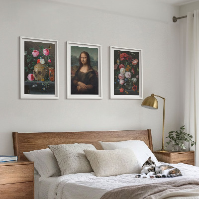 Lot de 3 tableaux pour salon Portrait de crâne fleuri Mona Lisa