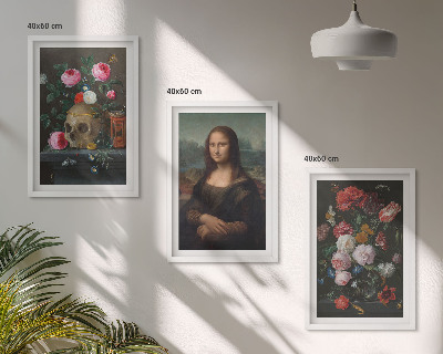Lot de 3 tableaux pour salon Portrait de crâne fleuri Mona Lisa
