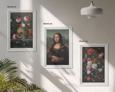 Lot de 3 tableaux pour salon représentant un portrait de Mona Lisa avec un crâne fleuri