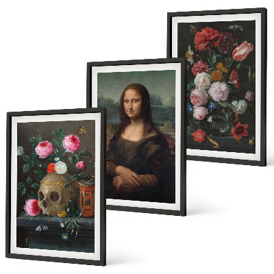 Lot de 3 tableaux pour salon Portrait de crâne fleuri Mona Lisa