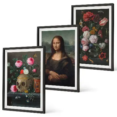 Lot de 3 tableaux pour salon représentant un portrait de Mona Lisa avec un crâne fleuri