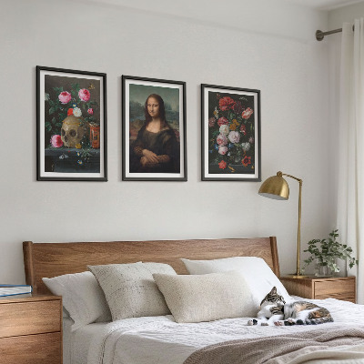 Lot de 3 tableaux pour salon Portrait de crâne fleuri Mona Lisa