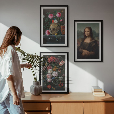 Lot de 3 tableaux pour salon Portrait de crâne fleuri Mona Lisa