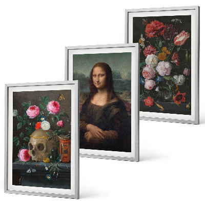 Lot de 3 tableaux pour salon Portrait de crâne fleuri Mona Lisa