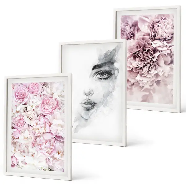 Lot de 3 tableaux pour salon motif pivoines et portrait de femme en noir et blanc