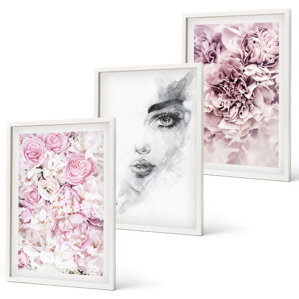 Lot de 3 tableaux pour salon Pivoines, portrait d'une femme en noir et blanc