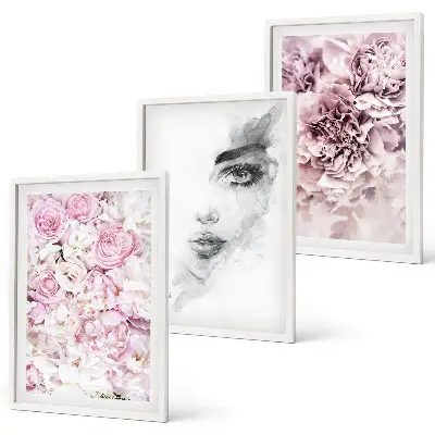 Lot de 3 tableaux pour salon motif pivoines et portrait de femme en noir et blanc