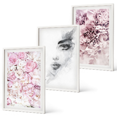 Lot de 3 tableaux pour salon Pivoines, portrait d'une femme en noir et blanc