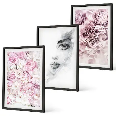 Lot de 3 tableaux pour salon motif pivoines et portrait de femme en noir et blanc