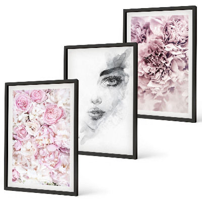 Lot de 3 tableaux pour salon Pivoines, portrait d'une femme en noir et blanc