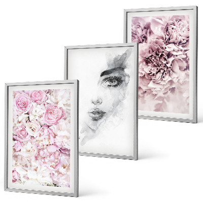 Lot de 3 tableaux pour salon Pivoines, portrait d'une femme en noir et blanc