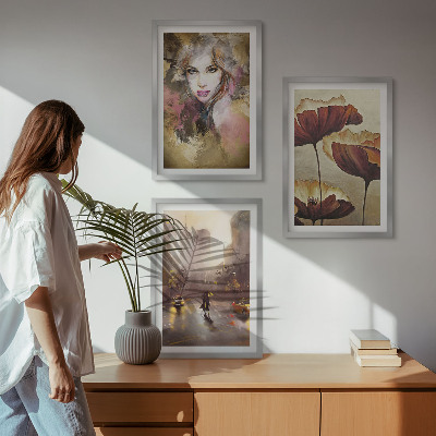 Cadre photo mural Portrait abstrait d'une femme avec des fleurs et la pluie