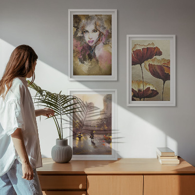 Cadre photo mural Portrait abstrait d'une femme avec des fleurs et la pluie