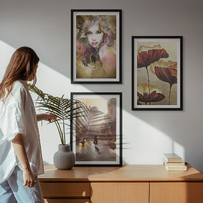 Cadre photo mural Portrait abstrait d'une femme avec des fleurs et la pluie