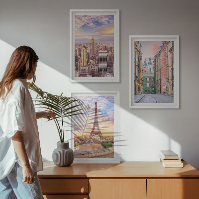 Lot de 3 tableaux pour salon Villes New York Paris crépuscule