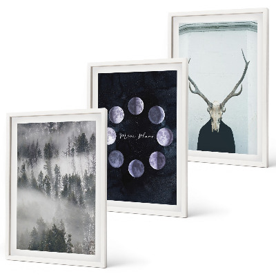 Lot de 3 tableaux pour salon Paysage forestier brume lune crâne de cerf