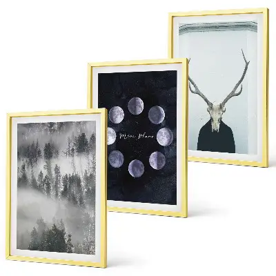 Lot de 3 tableaux pour salon représentant un paysage forestier dans la brume avec une lune et un crâne de cerf