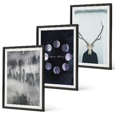 Lot de 3 tableaux pour salon Paysage forestier brume lune crâne de cerf