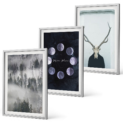 Lot de 3 tableaux pour salon Paysage forestier brume lune crâne de cerf