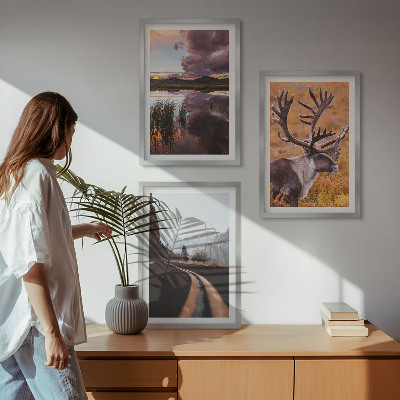 Lot de 3 tableaux pour salon Paysages de montagne avec des rennes