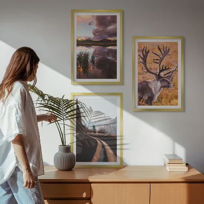 Lot de 3 tableaux pour salon Paysages de montagne avec des rennes