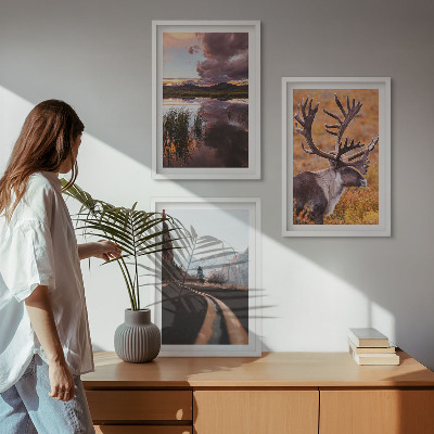 Lot de 3 tableaux pour salon Paysages de montagne avec des rennes