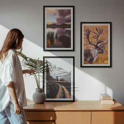 Lot de 3 tableaux pour salon Paysages de montagne avec des rennes