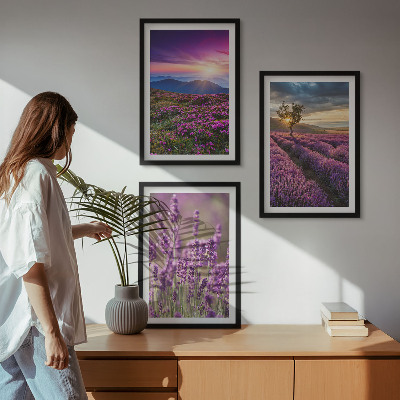 Lot de 3 tableaux pour salon Coucher de soleil sur les champs de lavande