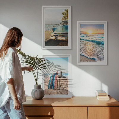 Lot de 3 tableaux pour salon Vacances au coucher du soleil à Miami