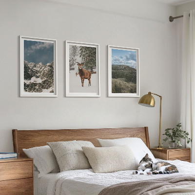 Cadre photo mural Paysage de forêt de cerfs enneigés de montagne