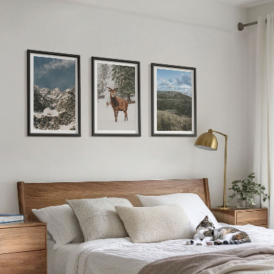 Cadre photo mural Paysage de forêt de cerfs enneigés de montagne