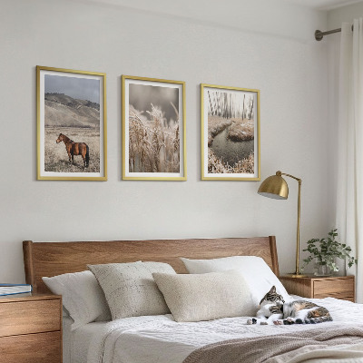 Lot de 3 tableaux pour salon Chevaux paysage herbe ruisseau