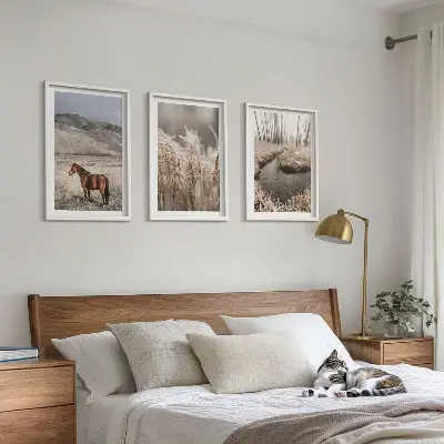 Lot de 3 tableaux pour salon représentant un paysage de chevaux dans l'herbe au bord d'un ruisseau
