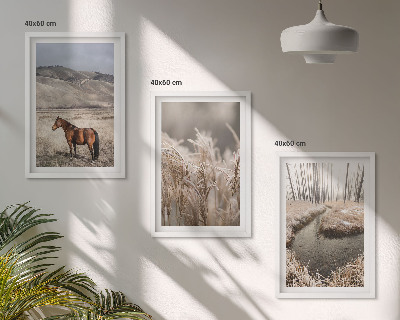 Lot de 3 tableaux pour salon Chevaux paysage herbe ruisseau