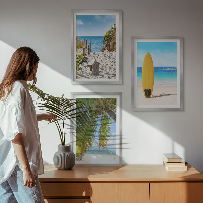 Lot de 3 tableaux pour salon Plages de vacances, vagues, palmiers