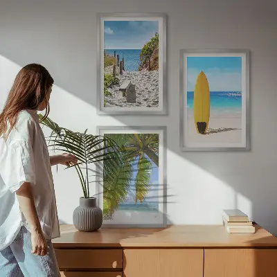 Lot de 3 tableaux pour salon sur le thème des plages de vacances, des vagues et des palmiers