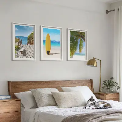 Lot de 3 tableaux pour salon sur le thème des plages de vacances, des vagues et des palmiers
