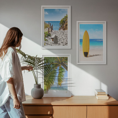 Lot de 3 tableaux pour salon Plages de vacances, vagues, palmiers
