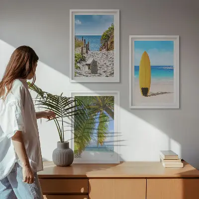 Lot de 3 tableaux pour salon sur le thème des plages de vacances, des vagues et des palmiers