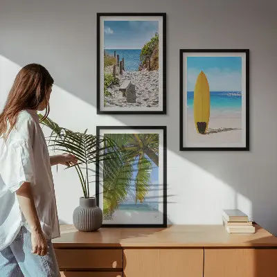 Lot de 3 tableaux pour salon sur le thème des plages de vacances, des vagues et des palmiers