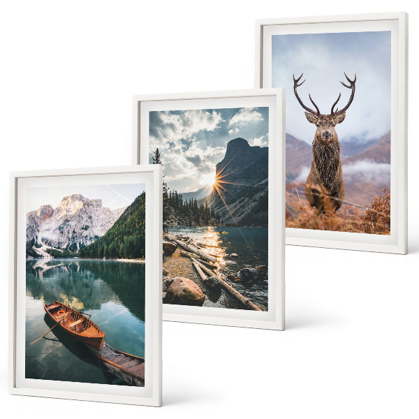 Lot de 3 tableaux pour salon Lac de montagne, bateau, coucher de soleil, cerf