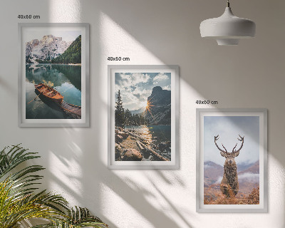 Lot de 3 tableaux pour salon Lac de montagne, bateau, coucher de soleil, cerf